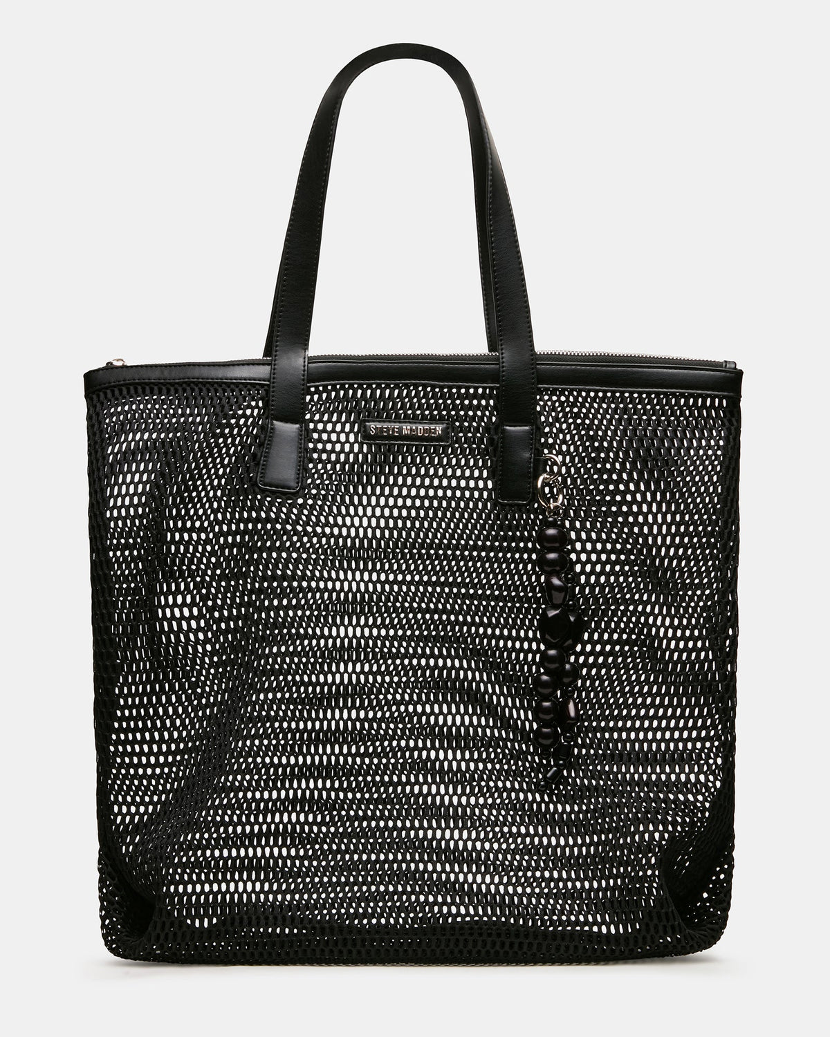 MISHA Black Mesh Beaded Bag Charm Tote Handbag | Steve Madden