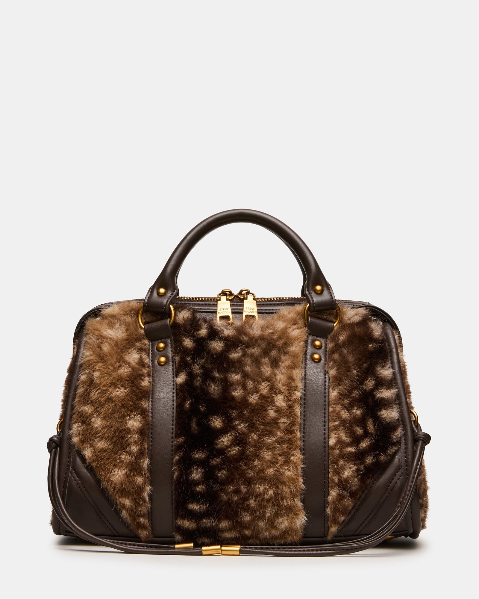 RIGGS Faux Fur Chocolate Top-Handle Crossbody Satchel Handbag | Steve Madden