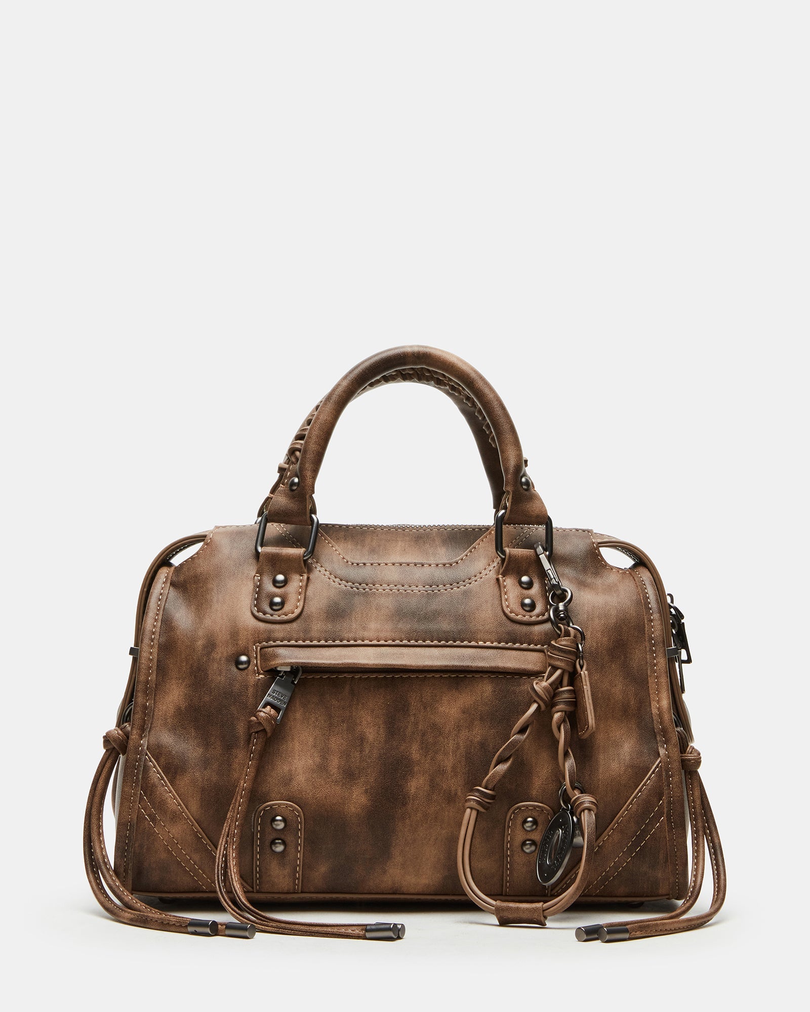 RIGGS Brown Distressed Slouchy Top-Handle Crossbody Satchel Handbag | Steve Madden