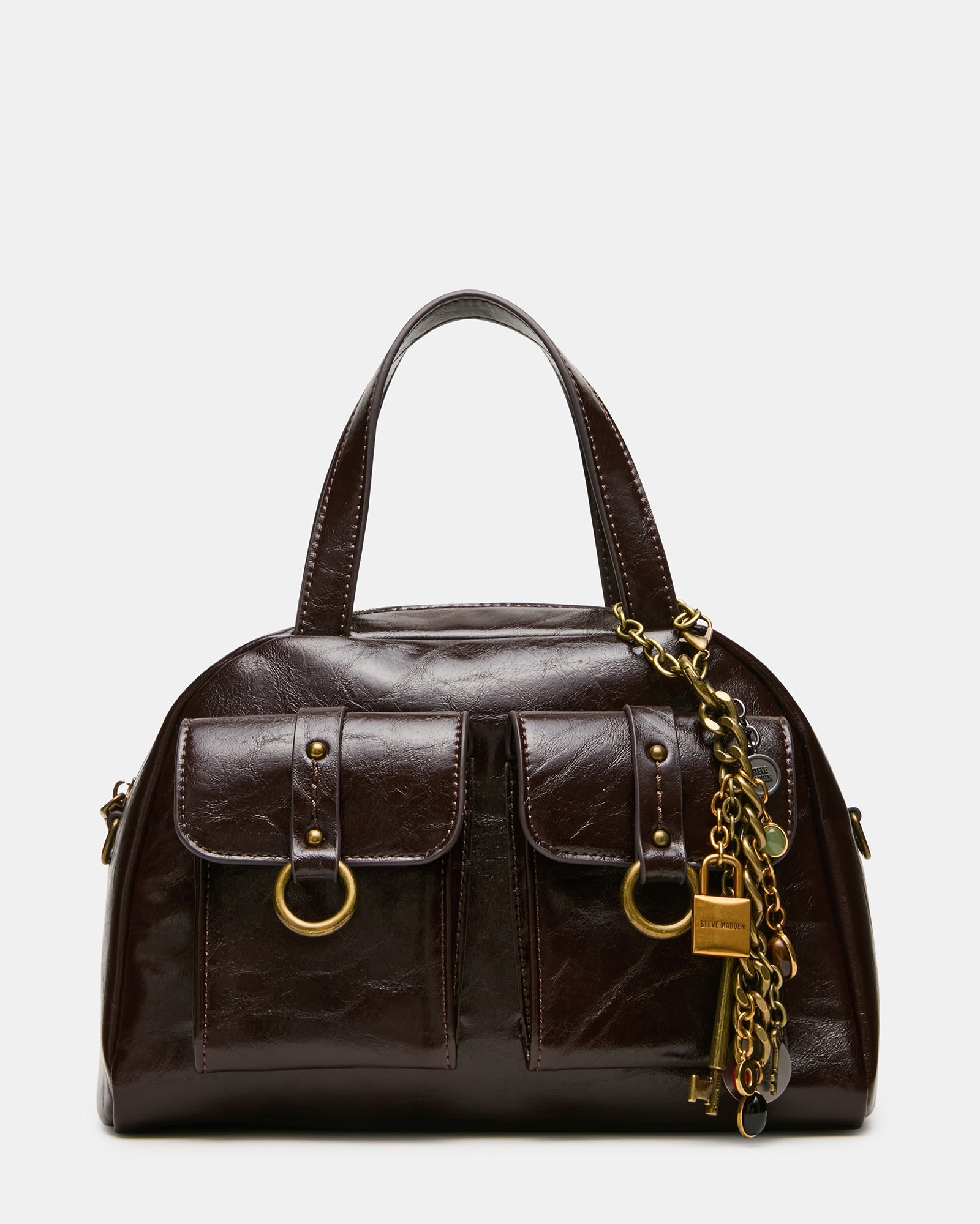 VELARIS Chocolate Cargo Satchel Charms Top Handle Handbag | Steve Madden