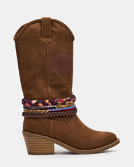 Kids' EMBER Brown Cowgirl Scarf Block Heel Girls' Boot | Steve Madden