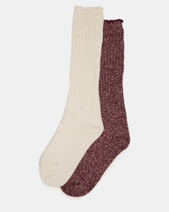 2 PACK Ivory/Burgundy Super Soft Lettuce Edge Slouchy Women's Socks | Steve Madden