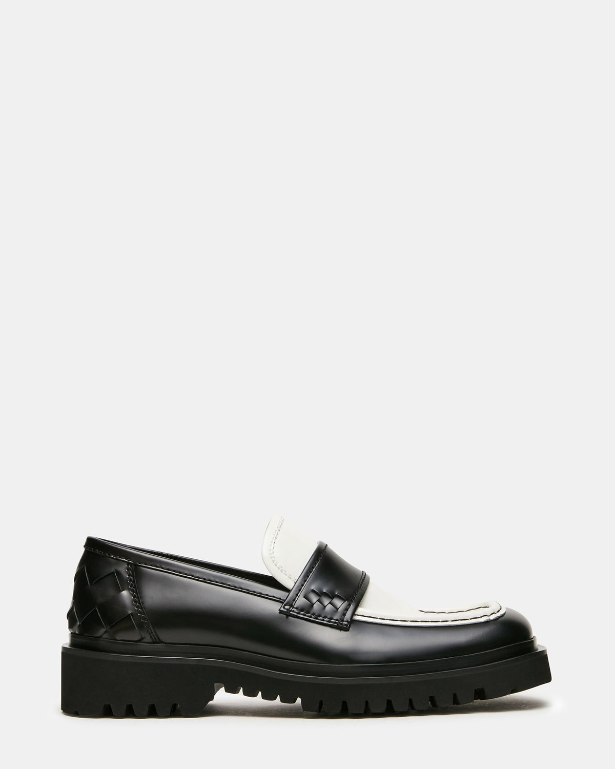 VINCENZO Black/White Leather Square-Toe Lug Slip-On Men's Loafer | Steve Madden