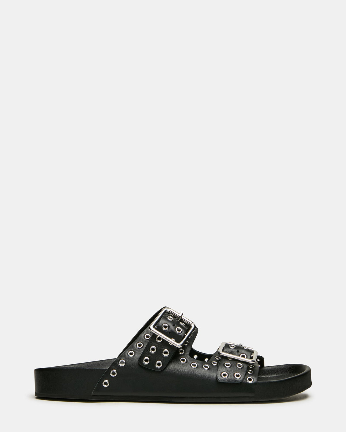 ABOTT Black Leather Grommet Buckles Footbed Slide Women's Sandal | Steve Madden