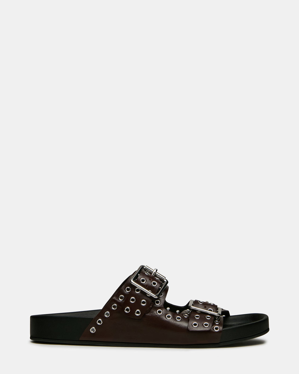 ABOTT Burgundy Leather Grommet Buckles Footbed Slide Women's Sandal | Steve Madden