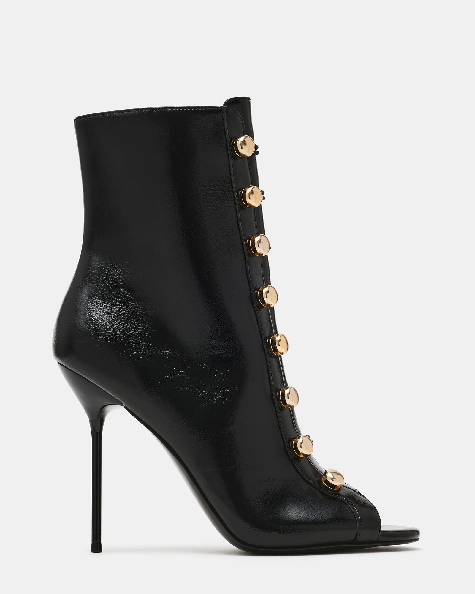 ALANI Black Gold Detail Stiletto Peep-Toe Women's Ankle Boot | Steve Madden