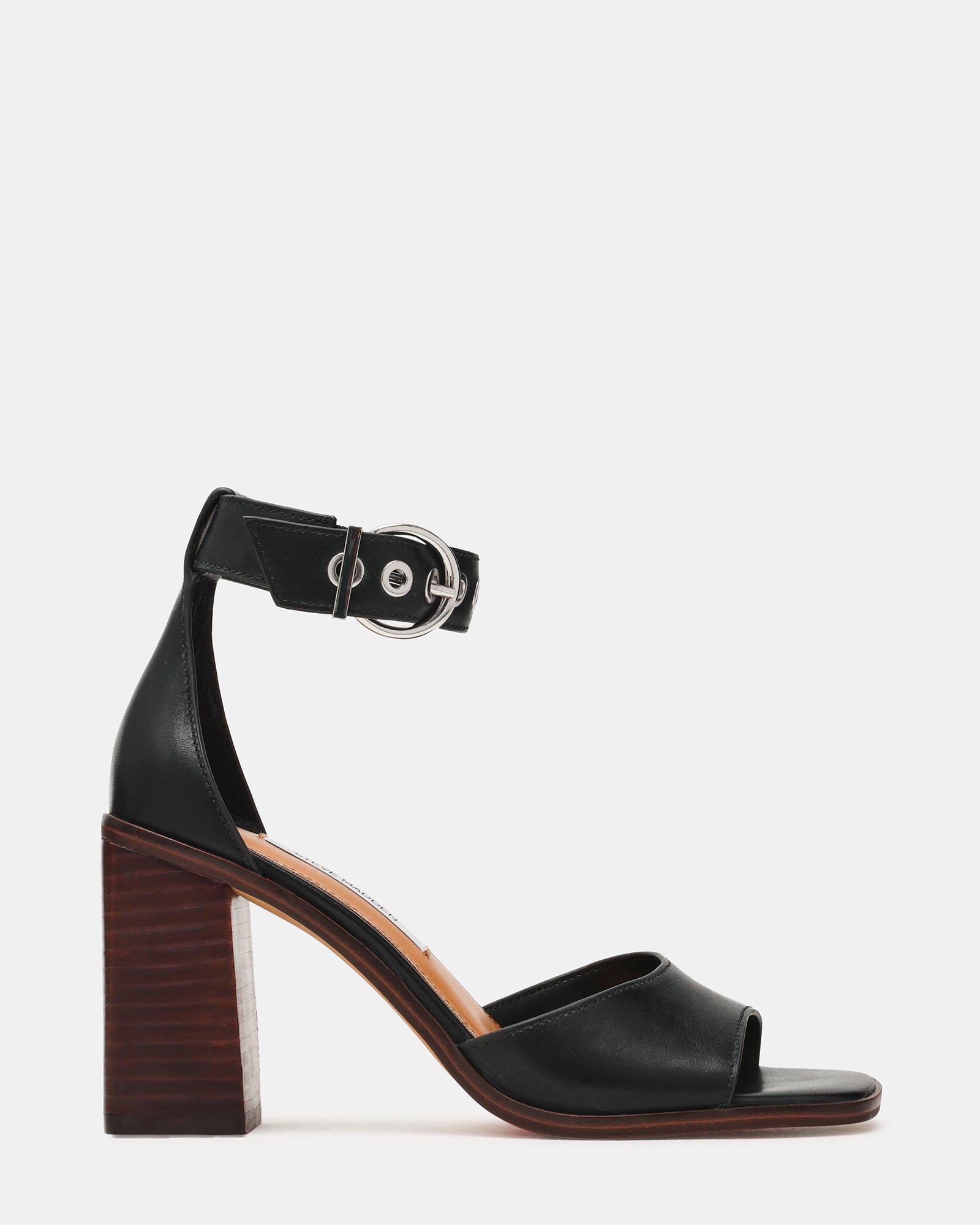 ALONSO Black Leather Square-Toe Buckle Women's Block Heel | Steve Madden