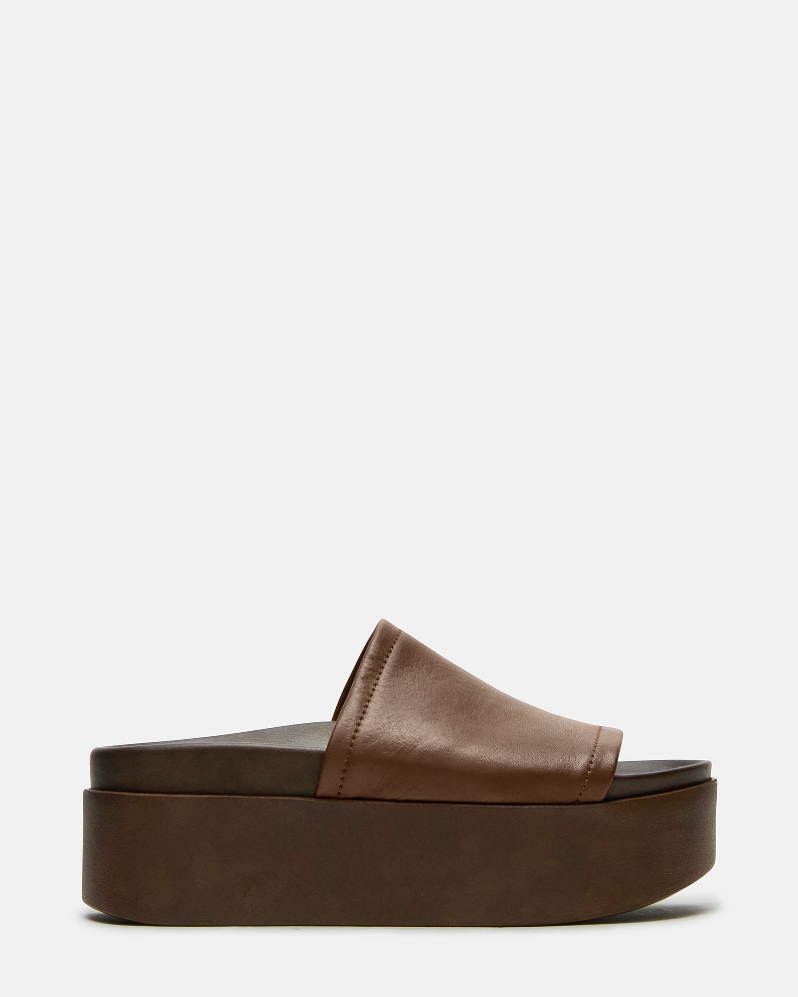 ARWEN Brown Leather Women's Platform Footbed Slide Chunky Sandal | Steve Madden