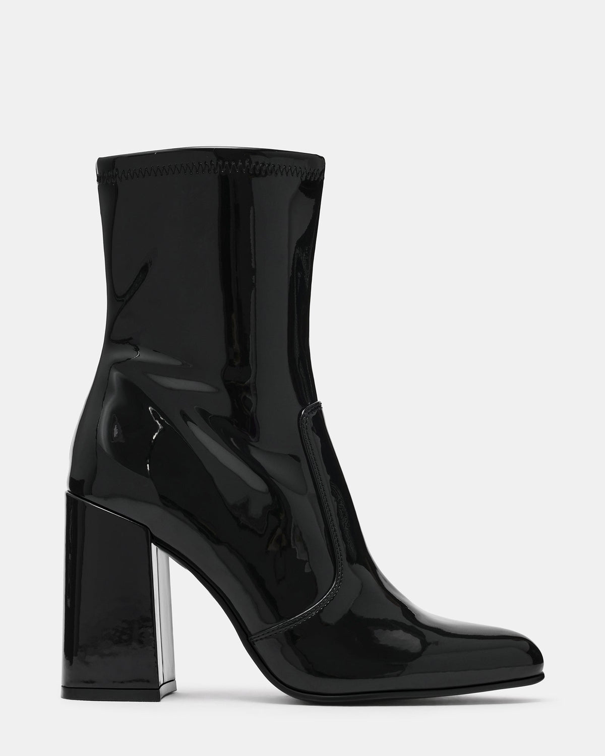 AUBRENA Black Patent Pointed-Toe Block Heel Women's Ankle Boot | Steve Madden