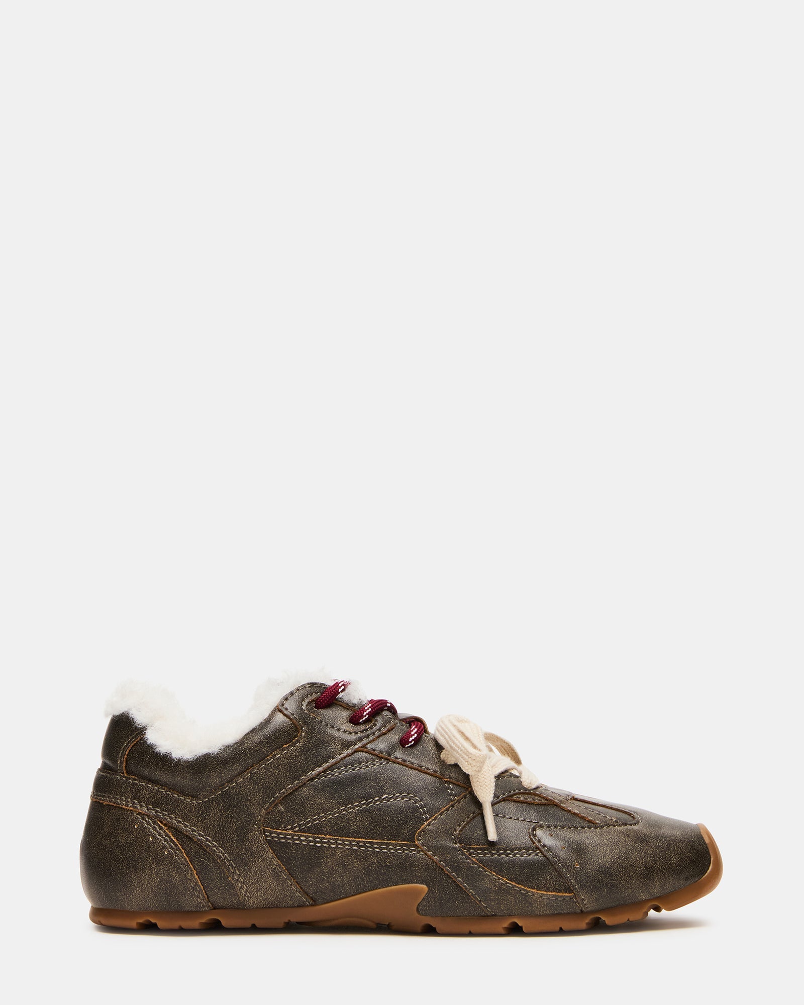AZIEL Faux Fur Brown Distressed Low-Top Lace-Up Women's Sneakers | Steve Madden
