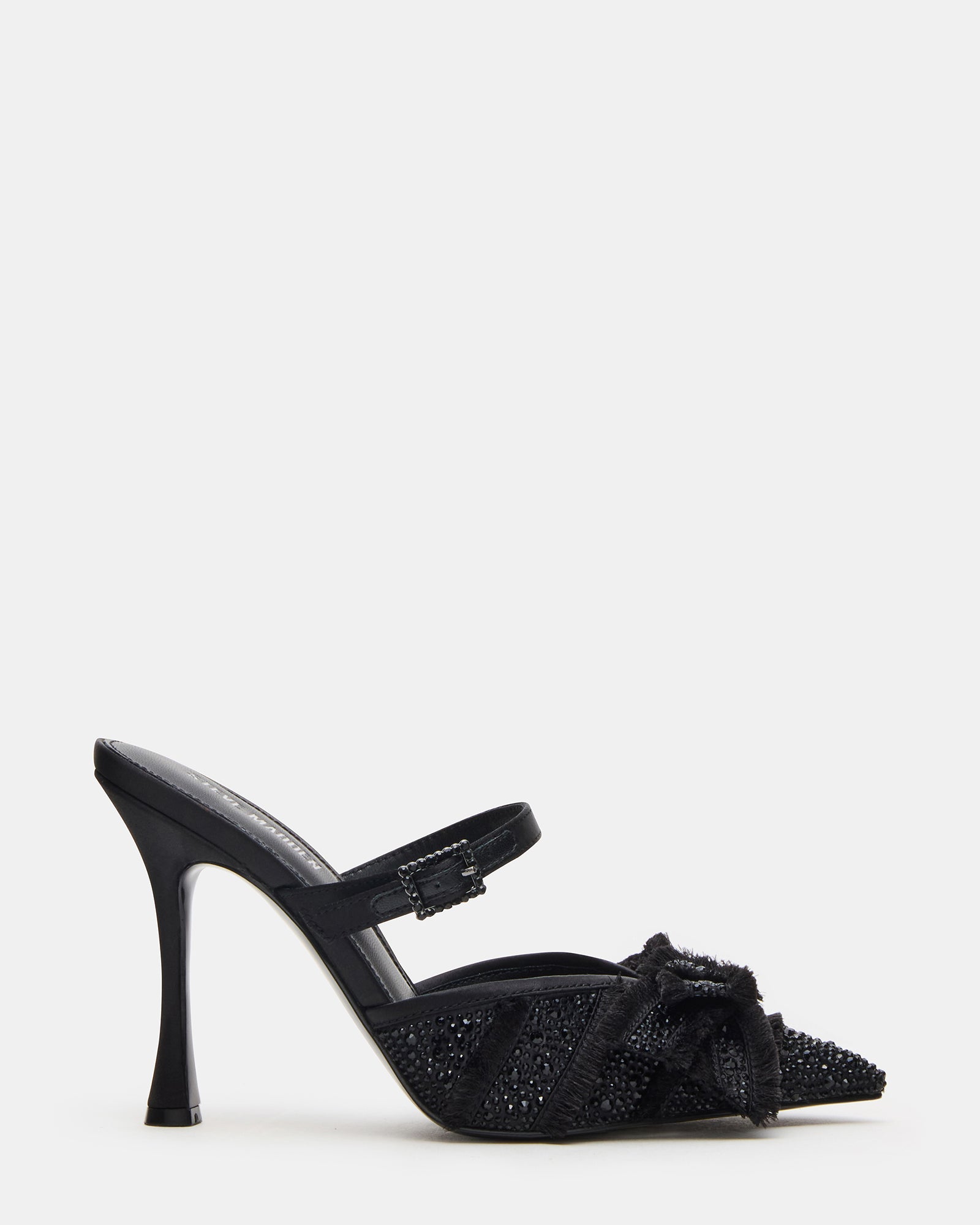 BAYLIN Black Satin Rhinestones Bow Pointed-Toe Stiletto Women's Heel | Steve Madden