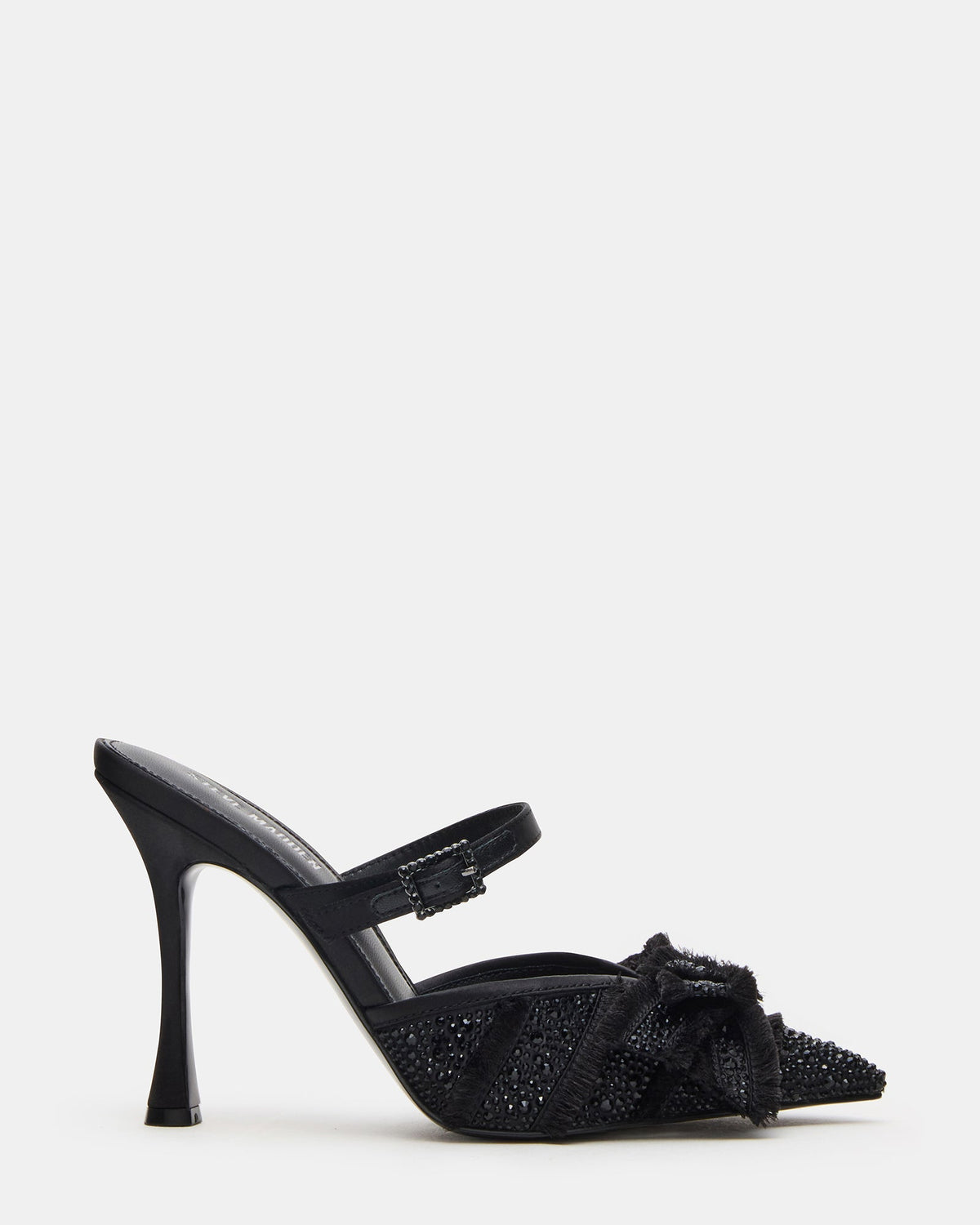 BAYLIN Black Satin Rhinestones Bow Pointed-Toe Stiletto Women's Heel | Steve Madden