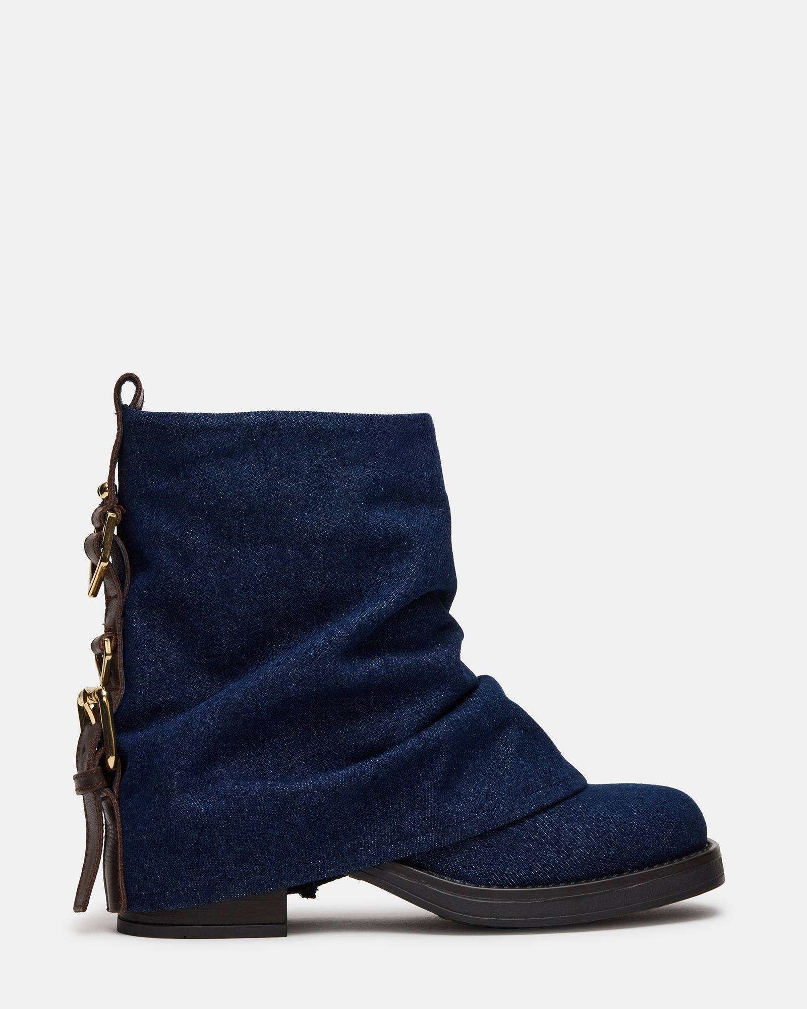 BENJI Denim Fabric Cuffed Fold-Over Moto Buckle Women's Ankle Boot | Steve Madden