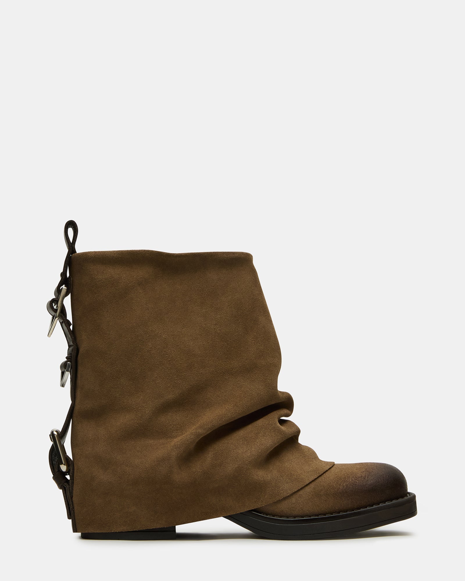 BENJI Taupe Suede Cuffed Fold-Over Moto Buckle Women's Ankle Boot | Steve Madden