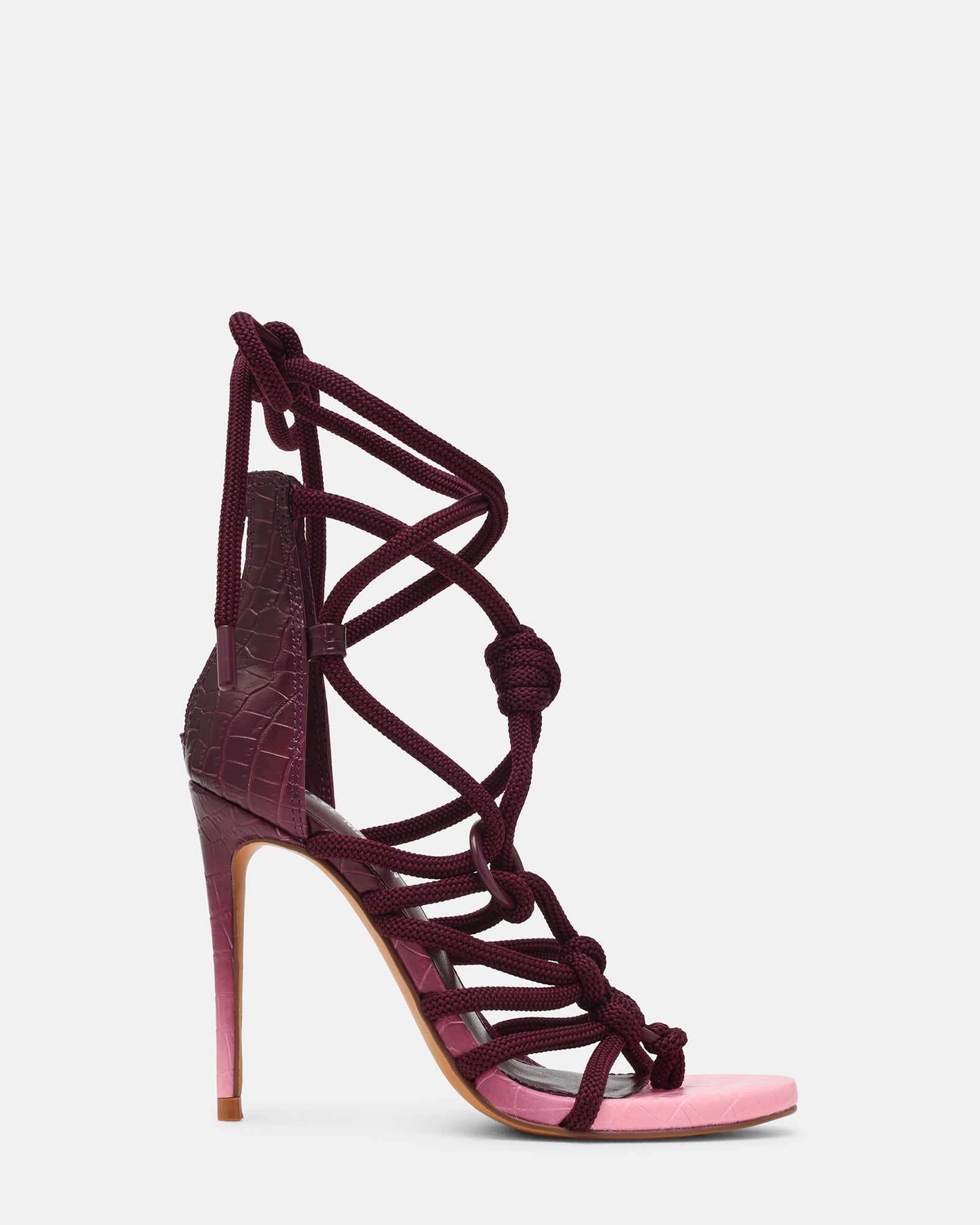 CATNYSS Pink Multi Rope Knot Leg-Ties Stiletto Thong Women's Heel | Steve Madden