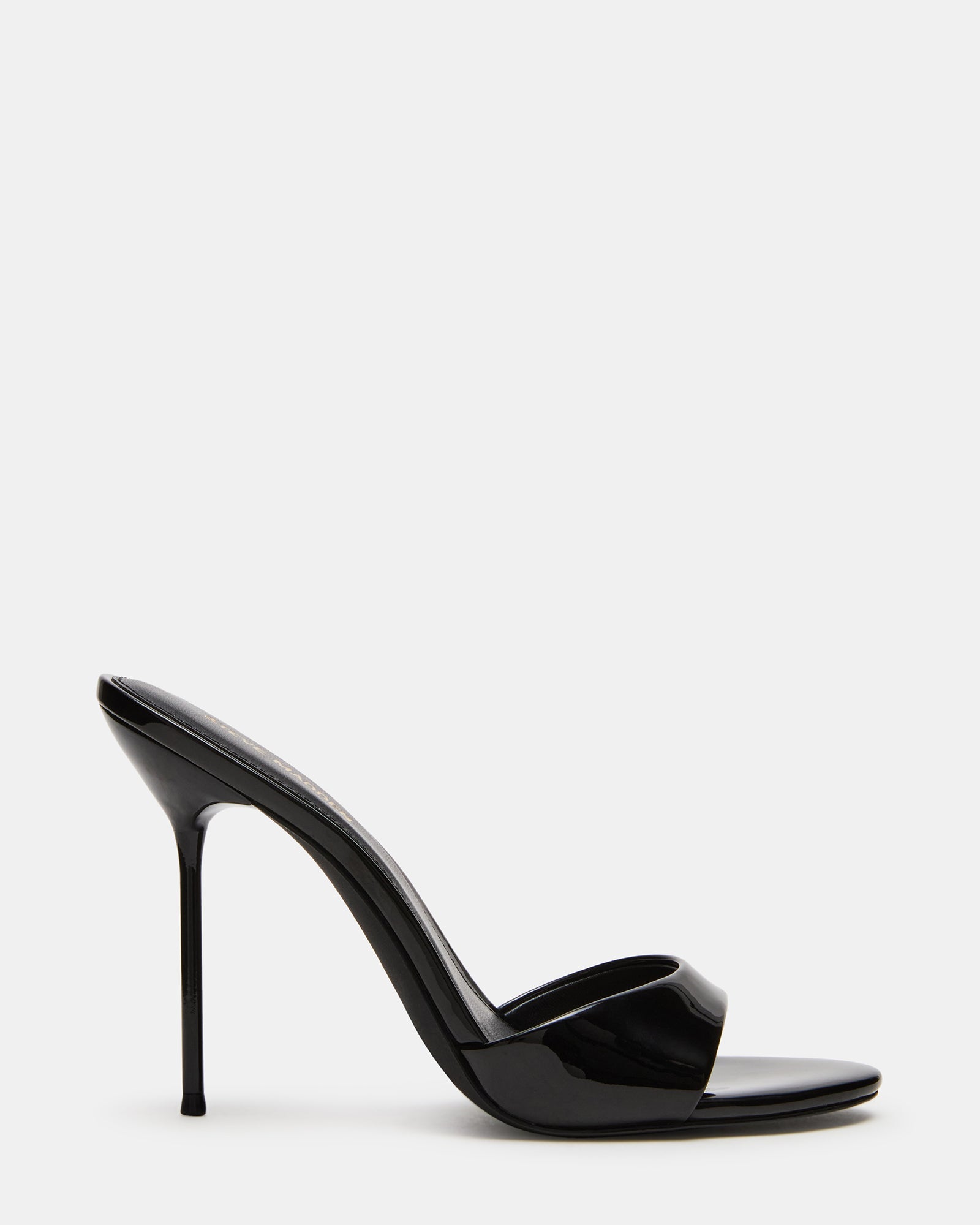 DAVINA Black Patent Rounded Open-Toe Mule Stiletto Women's Heel | Steve Madden