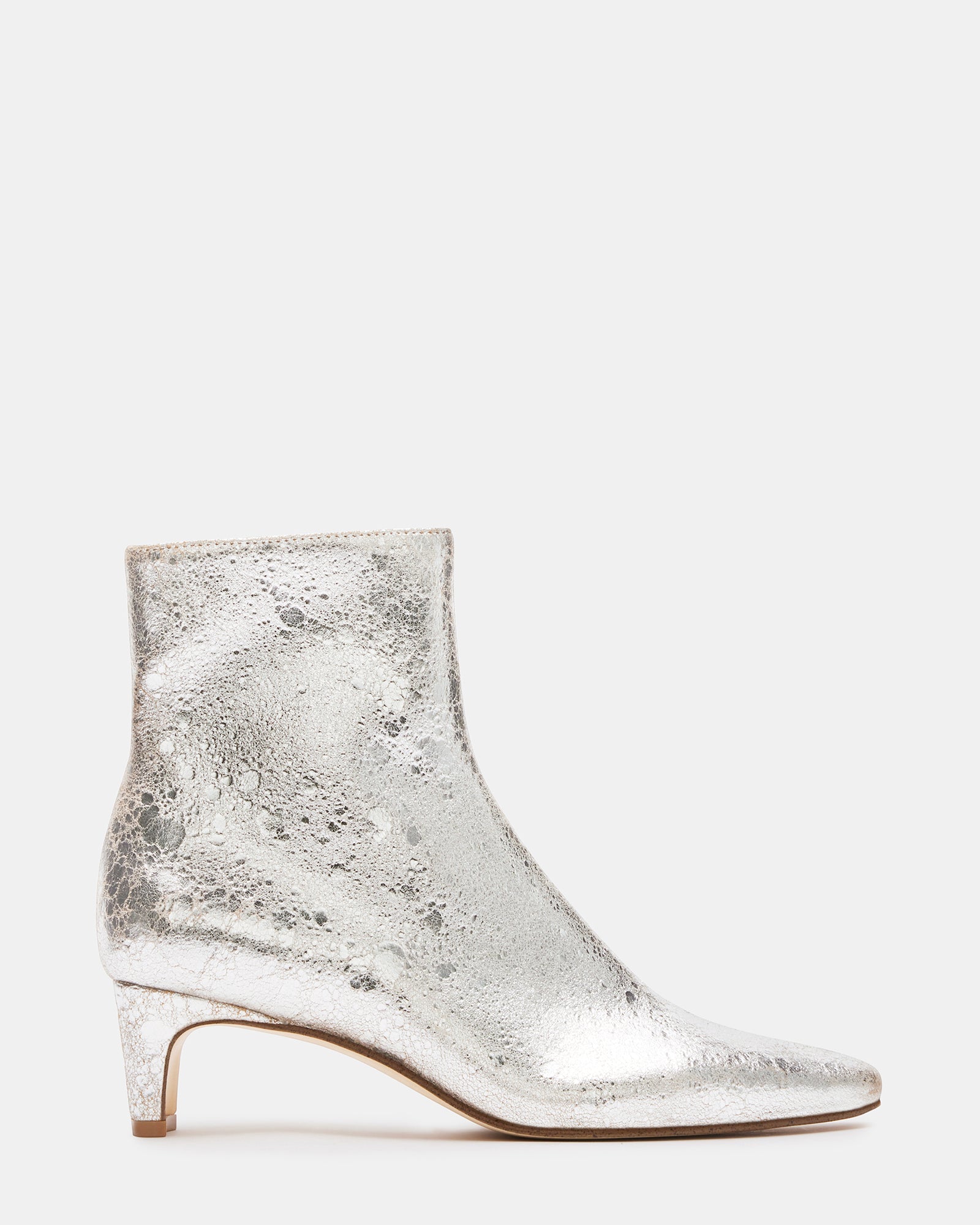 DELVIE Silver Leather Kitten Heel Ankle Boot | Women's Booties | Steve Madden
