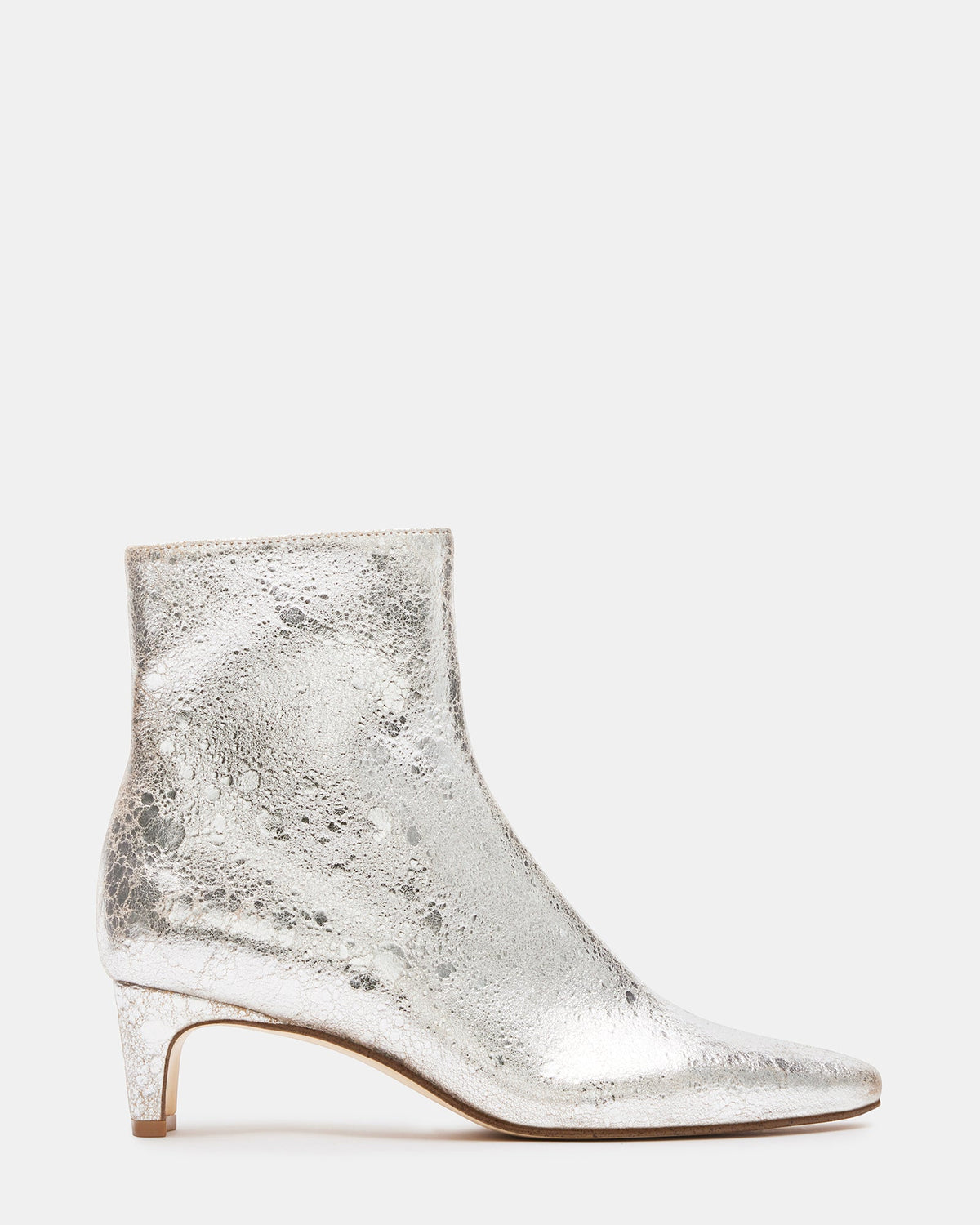 DELVIE Silver Leather Kitten Heel Ankle Boot | Women's Booties | Steve Madden