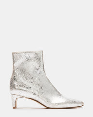 DELVIE Silver Leather Kitten Heel Ankle Boot | Women's Booties | Steve Madden