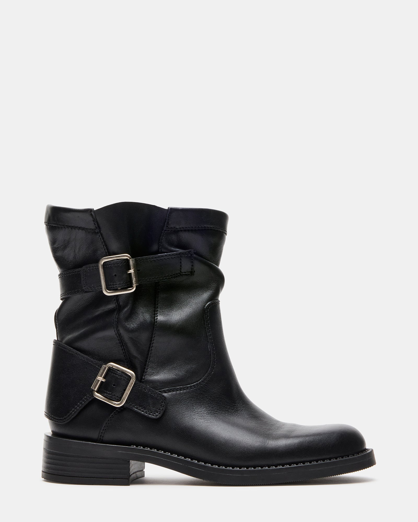 DENIS Black Leather Moto Buckles Women's Ankle Boot | Steve Madden