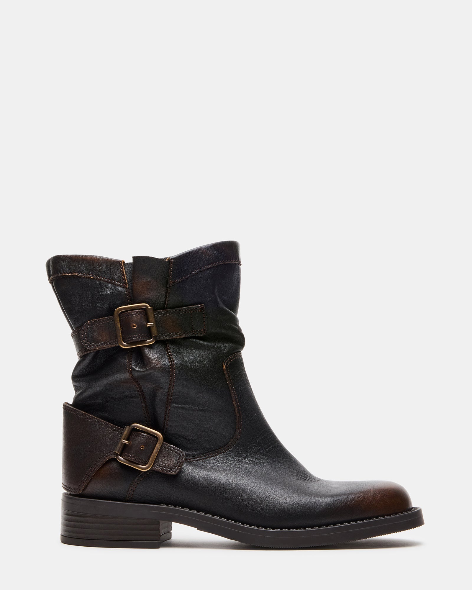 DENIS Brown Distressed Moto Buckles Women's Ankle Boot | Steve Madden