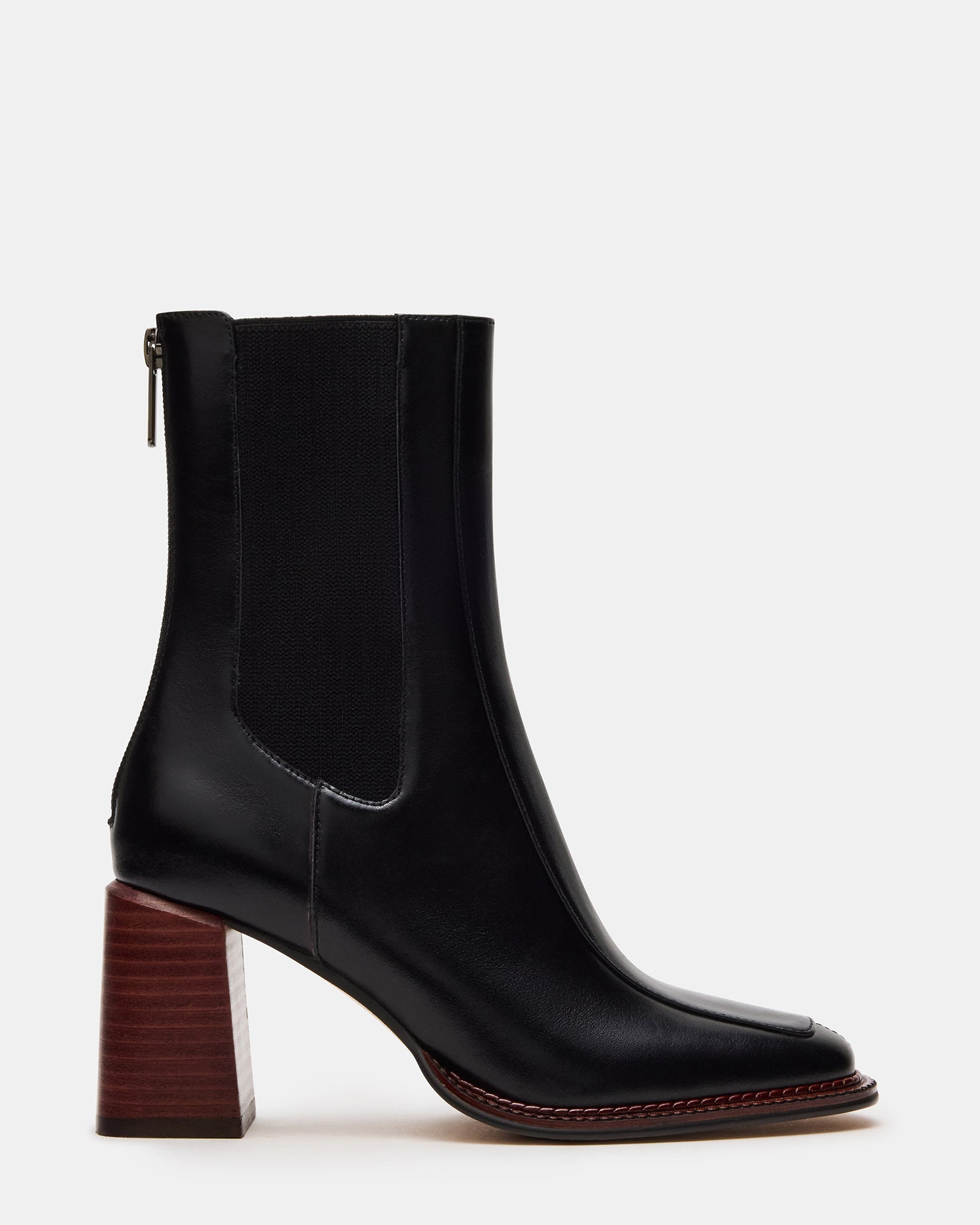 DOWNTOWN Black Leather Chelsea Block Heel Ankle Boot | Women's Booties | Steve Madden