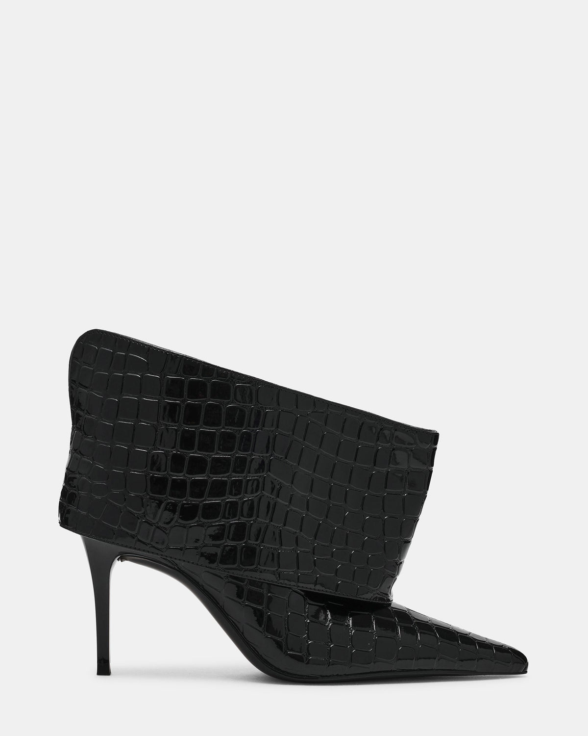ENELLA Black Crocodile Cuffed Pointed-Toe Stiletto Women's Ankle Boot | Steve Madden