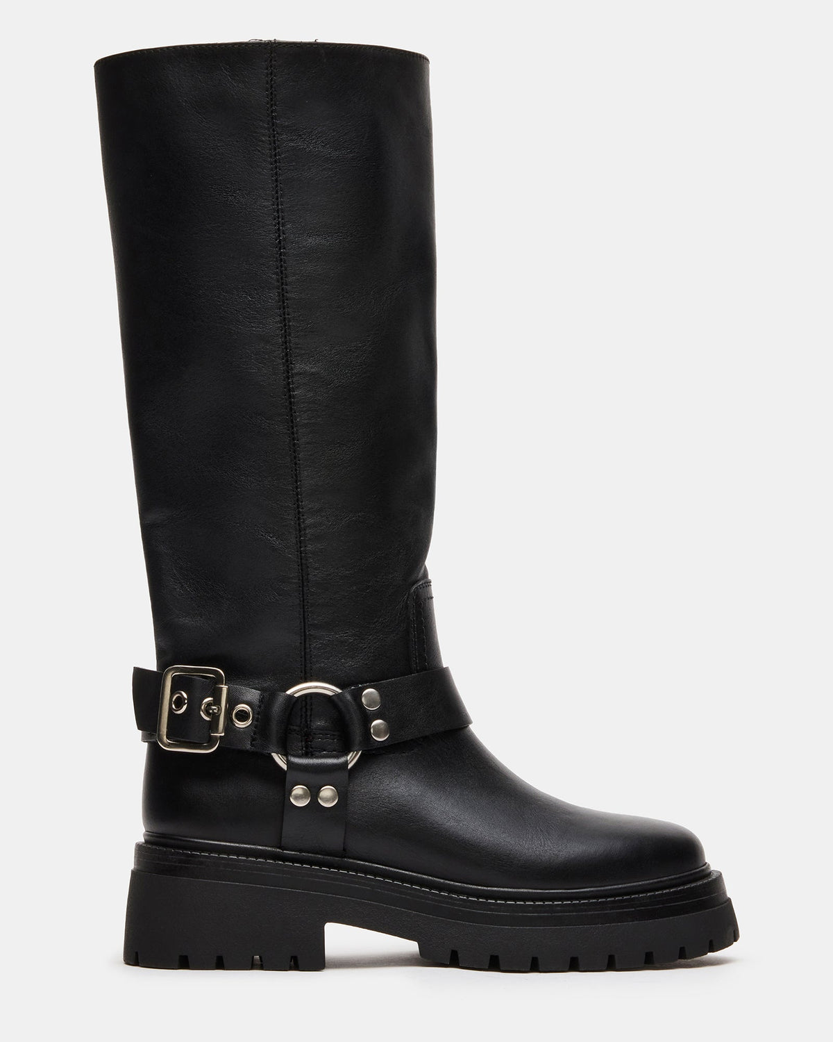 EVEREST Black Leather Moto Lug Knee-High Women's Boot | Steve Madden