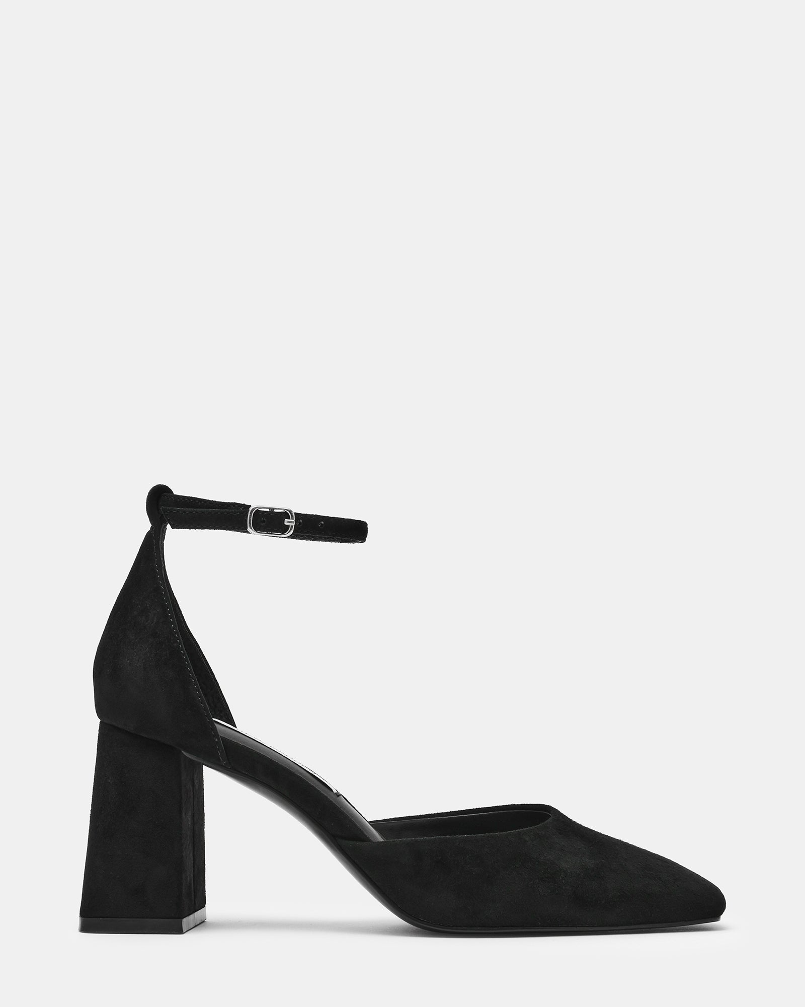 HARTLYN Black Suede Square-Toe Ankle Strap Women's Block Heel | Steve Madden
