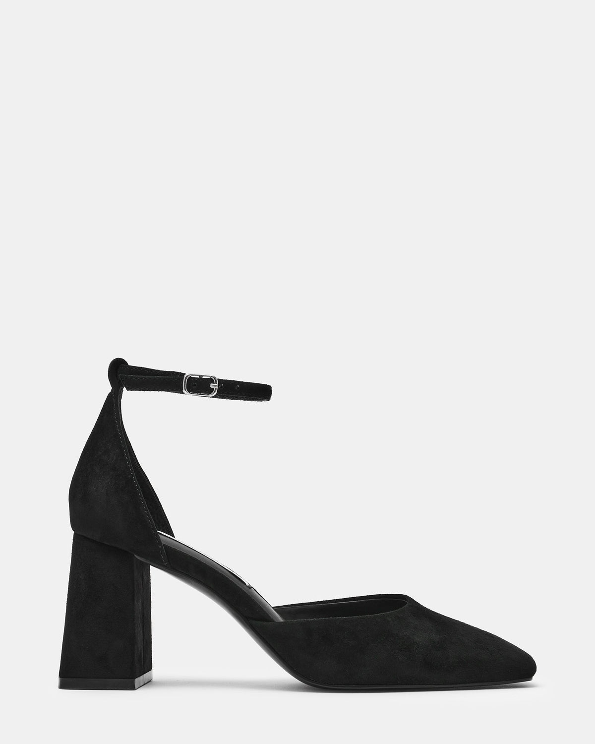HARTLYN Black Suede Square-Toe Ankle Strap Women's Block Heel | Steve Madden