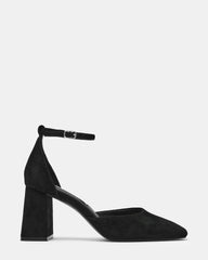 HARTLYN Black Suede Square-Toe Ankle Strap Women's Block Heel | Steve Madden