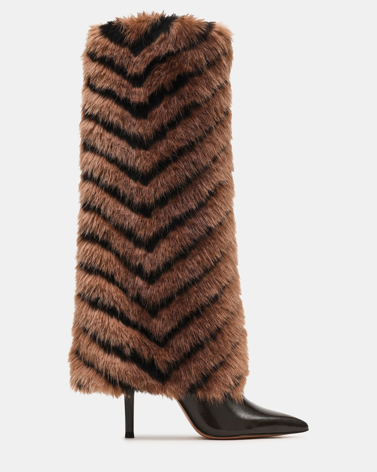 ICON Black/Tan Pointed-Toe Faux Fur Knee-High Stiletto Women's Boot | Steve Madden