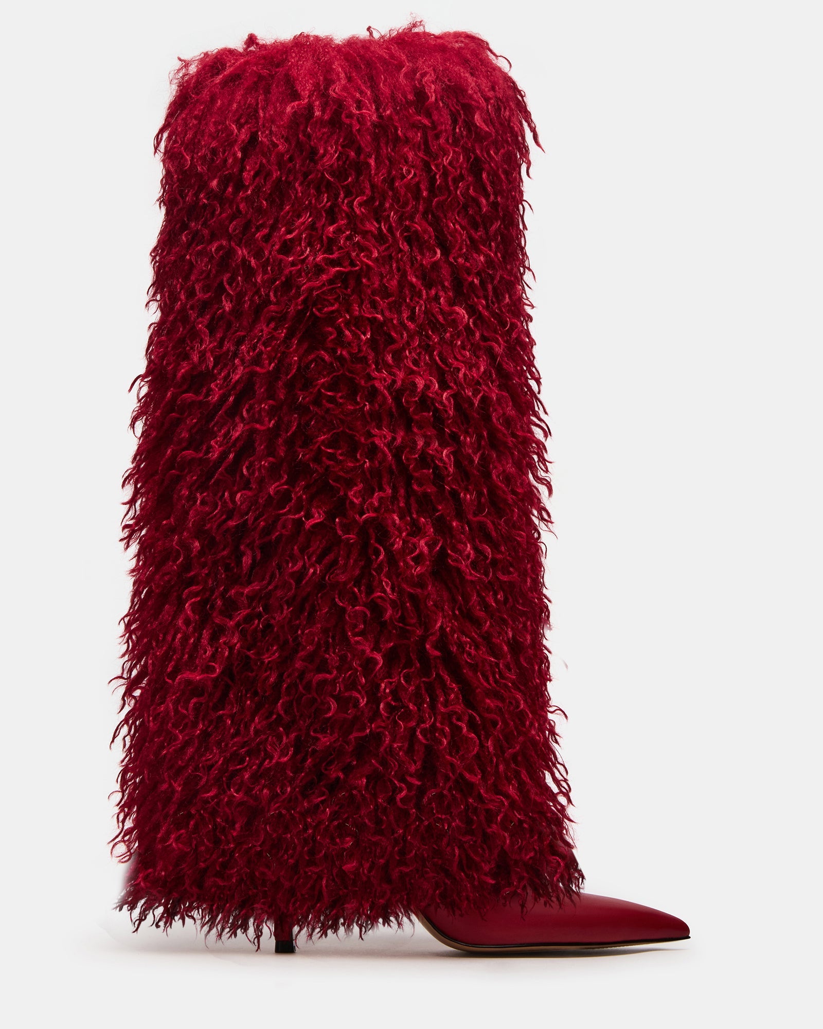 ICON Red Pointed-Toe Faux Fur Knee-High Stiletto Heel Women's Boot | Steve Madden