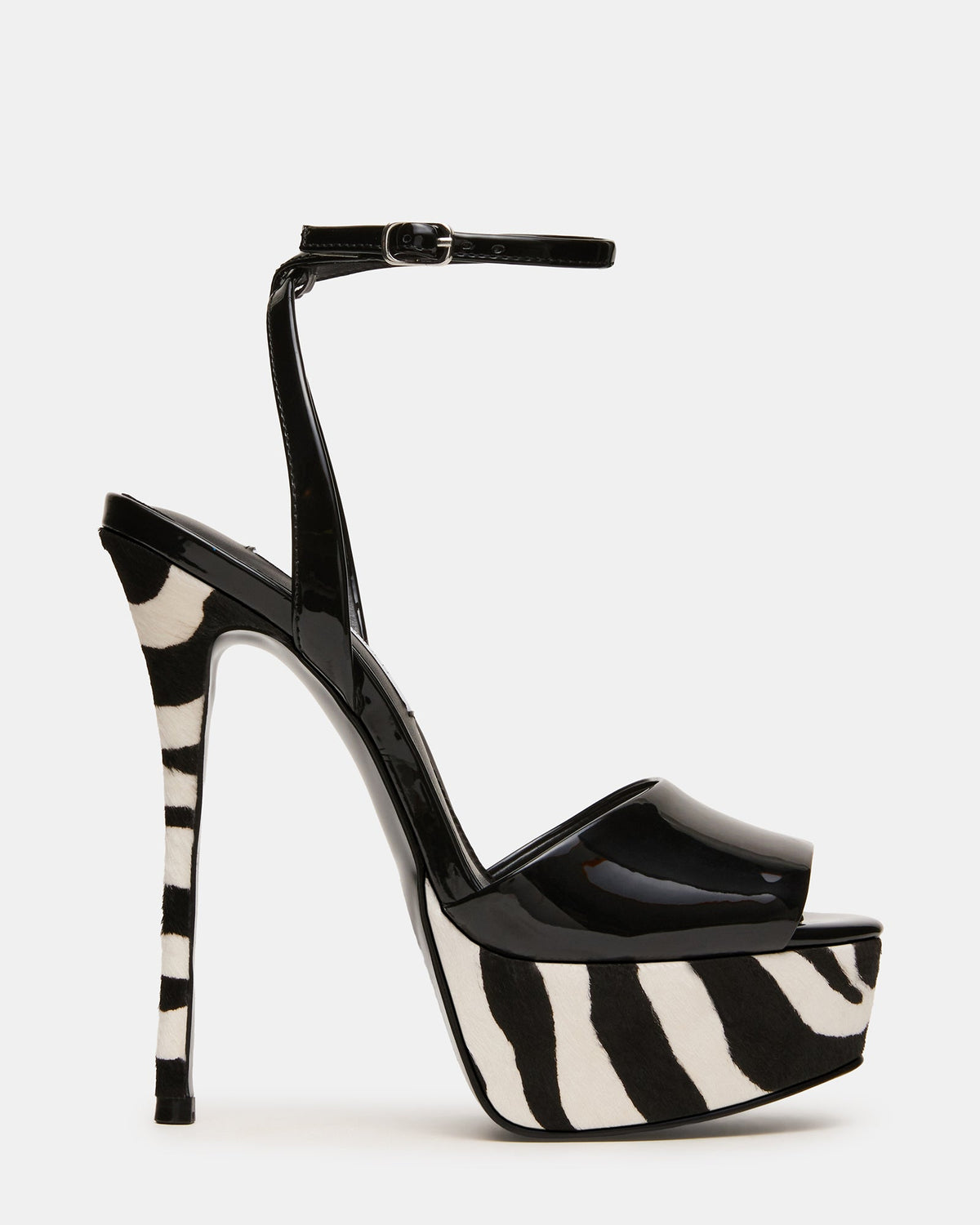 JEZZICA Black/Zebra Platform Stiletto Ankle Strap Women's Heel | Steve Madden