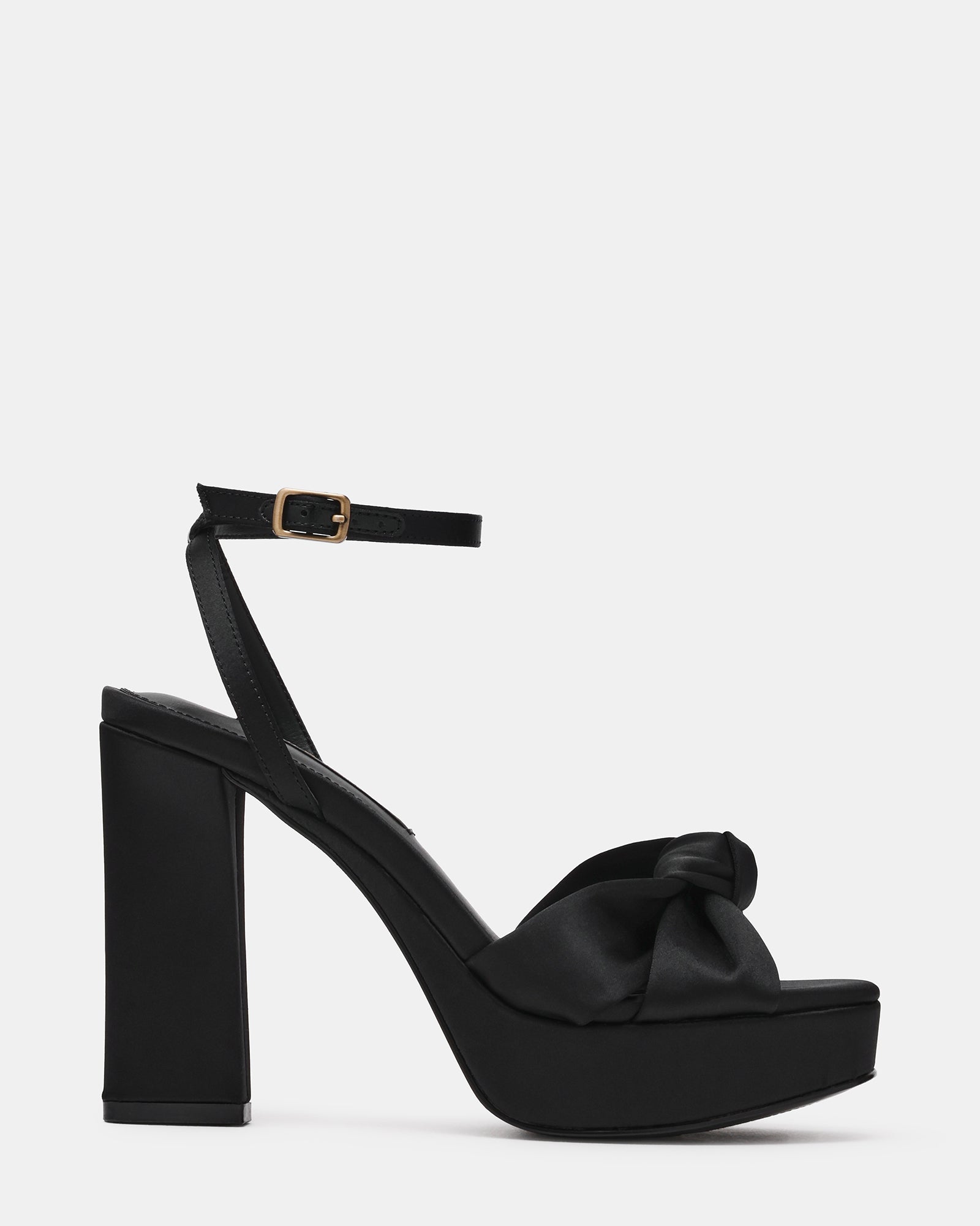 KNOTI Black Satin Knot-Detail Platform Women's Block Heel | Steve Madden