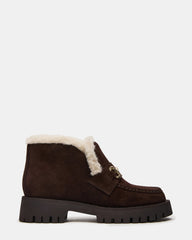 LEON Faux Fur Chocolae Brown Suede Platform Lug Sole Women's Loafer | Steve Madden