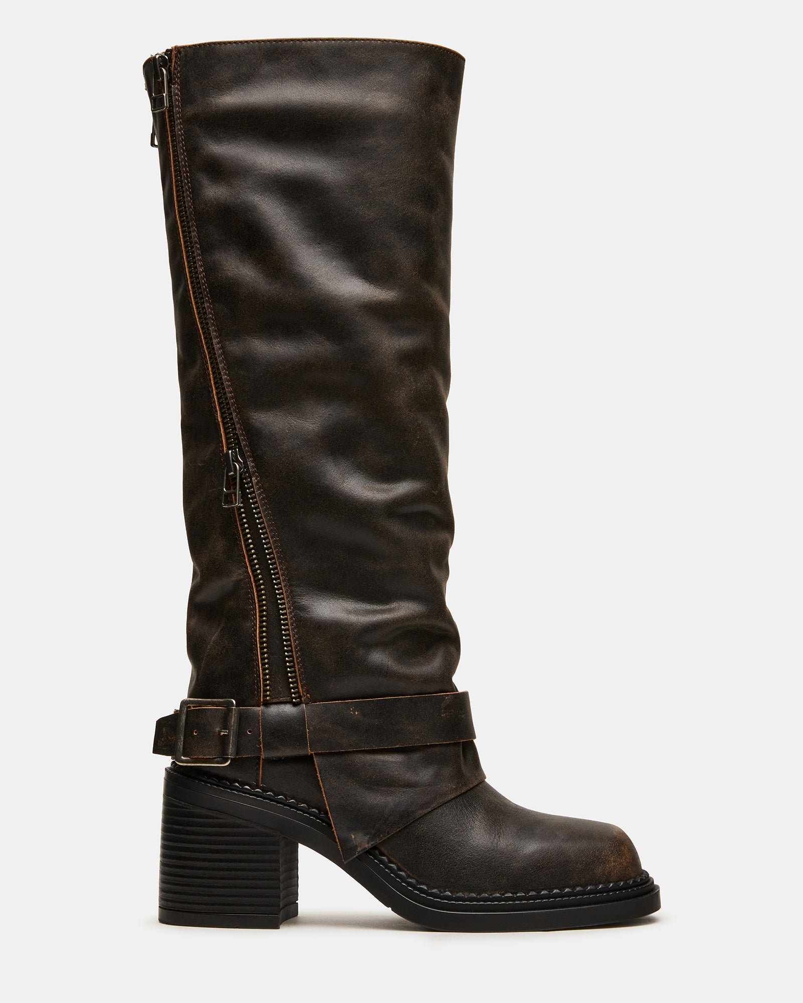 LOWERY Brown Distressed Square-Toe Knee-High Fold-Over Women's Boot | Steve Madden