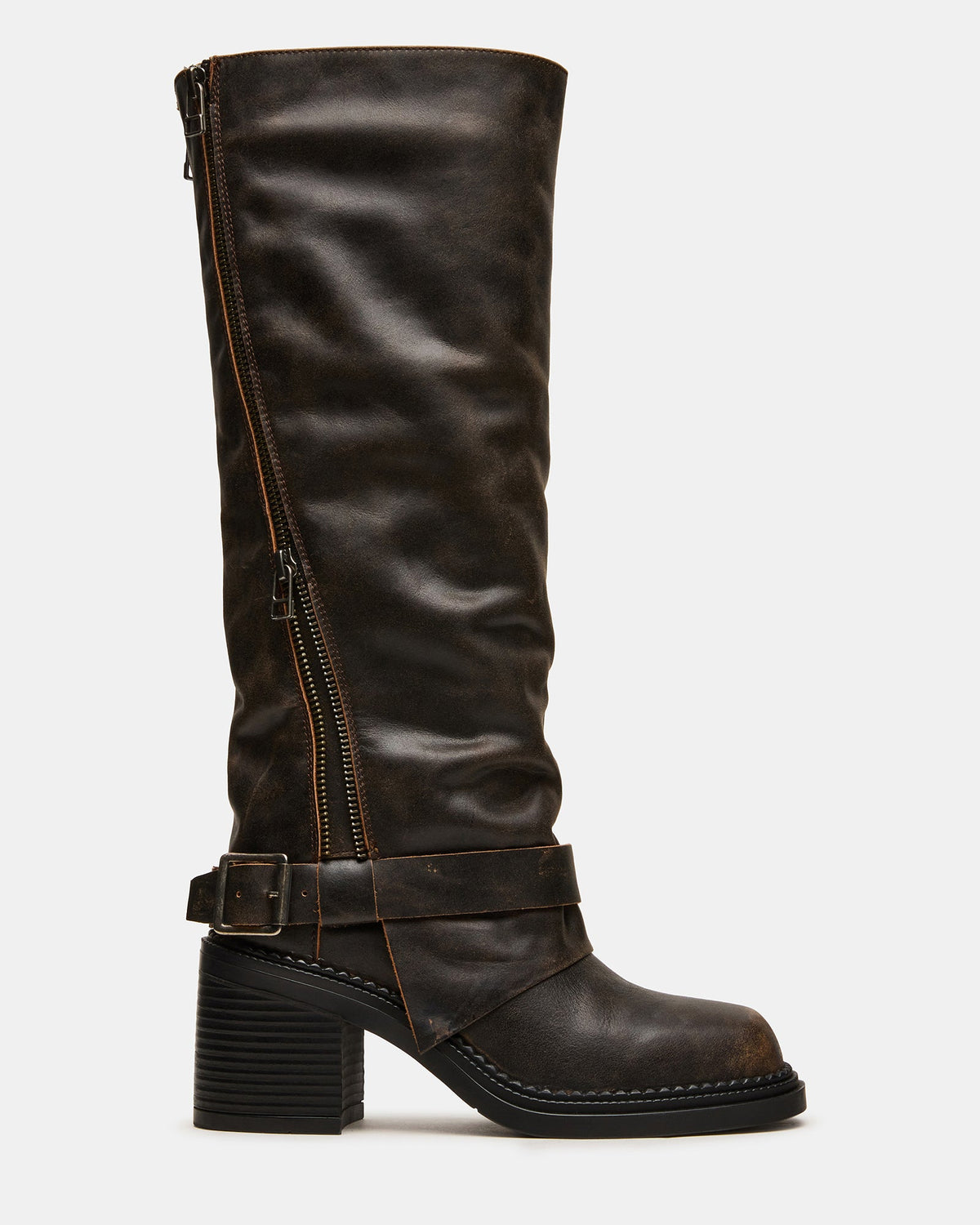 LOWERY Brown Distressed Square-Toe Knee-High Fold-Over Women's Boot | Steve Madden