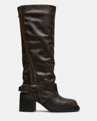 LOWERY Brown Distressed Square-Toe Knee-High Fold-Over Women's Boot | Steve Madden