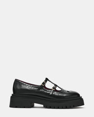LUANNE Black Leather T-Strap Buckles Lug Women's Loafer | Steve Madden