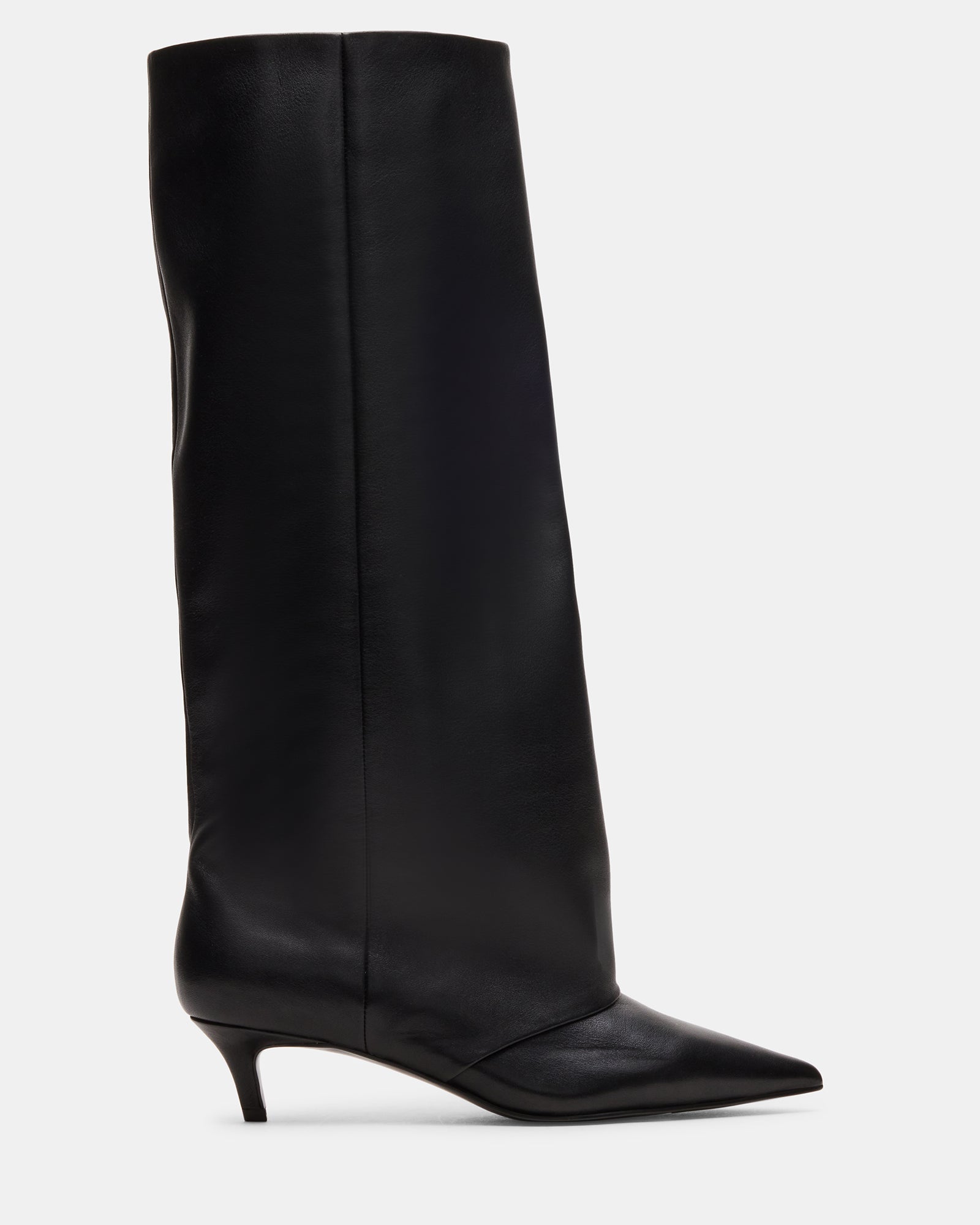 LUCA Black Leather Pointed-Toe Cuffed Kitten Heel Women's Boot | Steve Madden