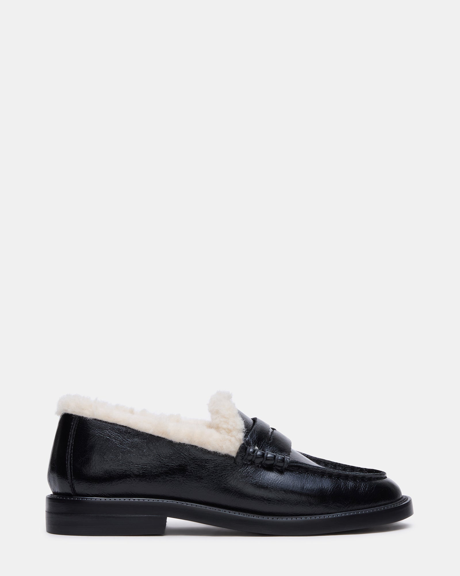 MADISON Faux Fur Black Leather Women's Penny Loafer | Steve Madden