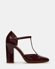 MALCOLM Burgundy Patent T-Strap Block Heel Women's Heel | Steve Madden