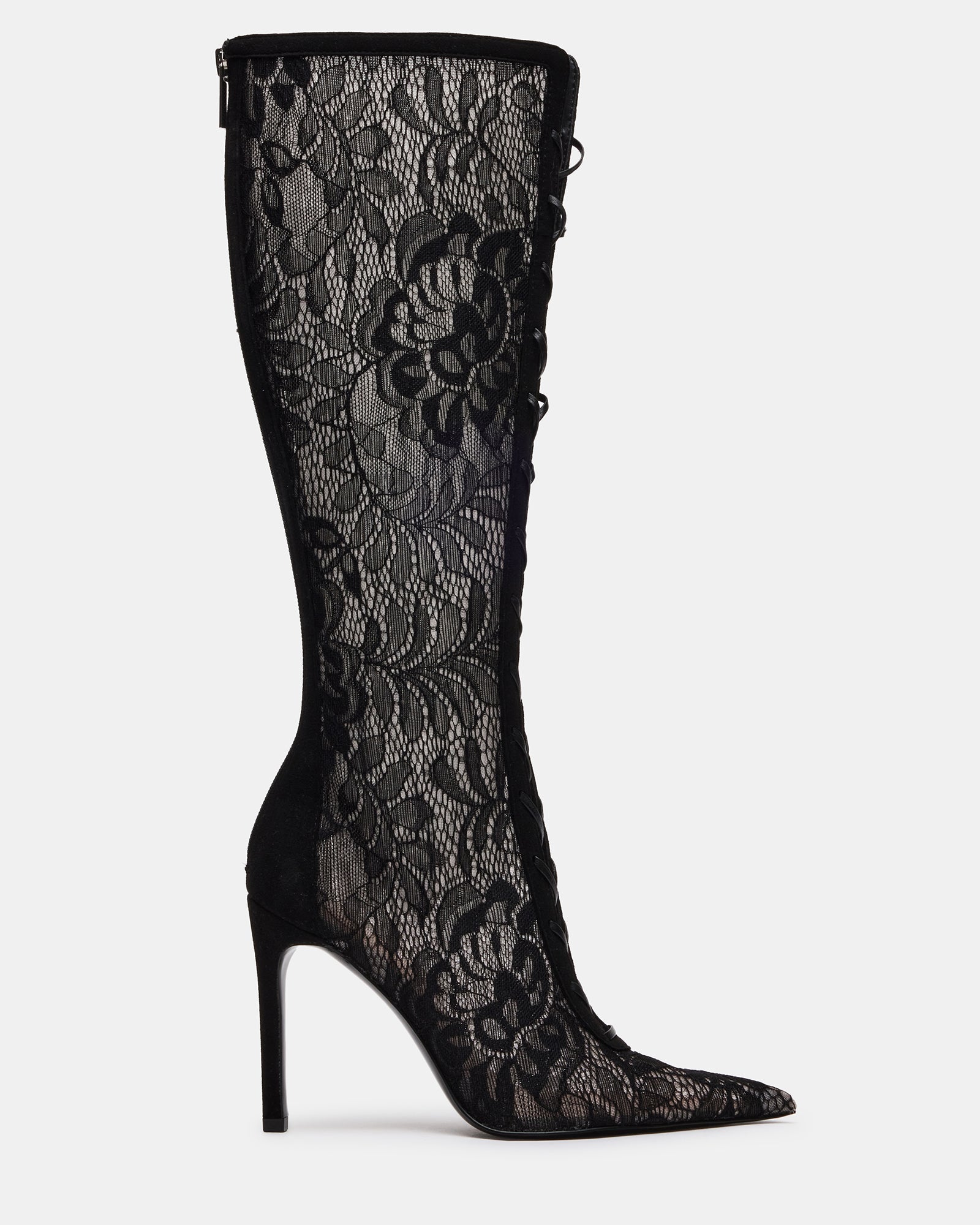 MAXINE Black Lace Pointed-Toe Knee-High Lace-Up Stiletto Women's Boot | Steve Madden