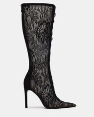 MAXINE Black Lace Pointed-Toe Knee-High Lace-Up Stiletto Women's Boot | Steve Madden