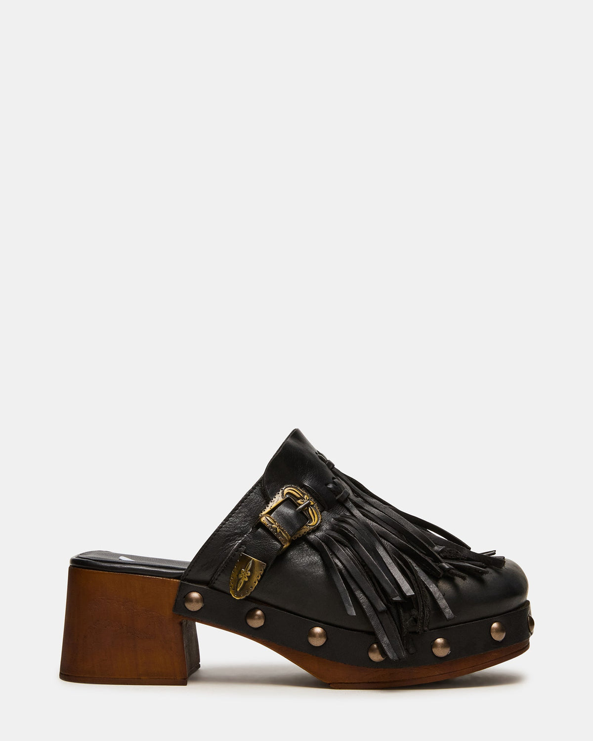 OMEN Black Leather Fringe Studs Western Mule Women's Heel | Steve Madden