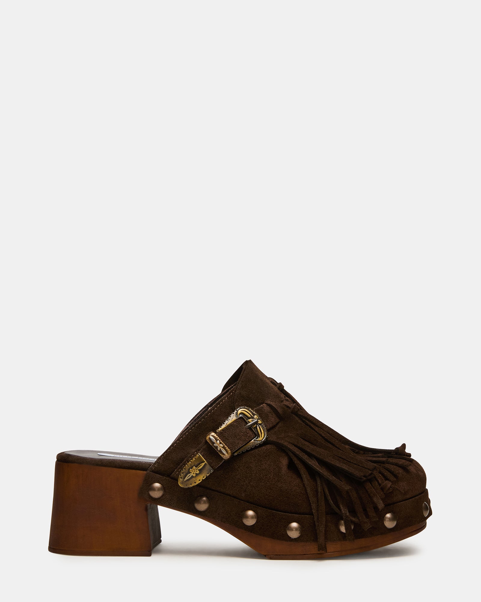 OMEN Brown Suede Fringe Studs Western Mule Women's Heel | Steve Madden