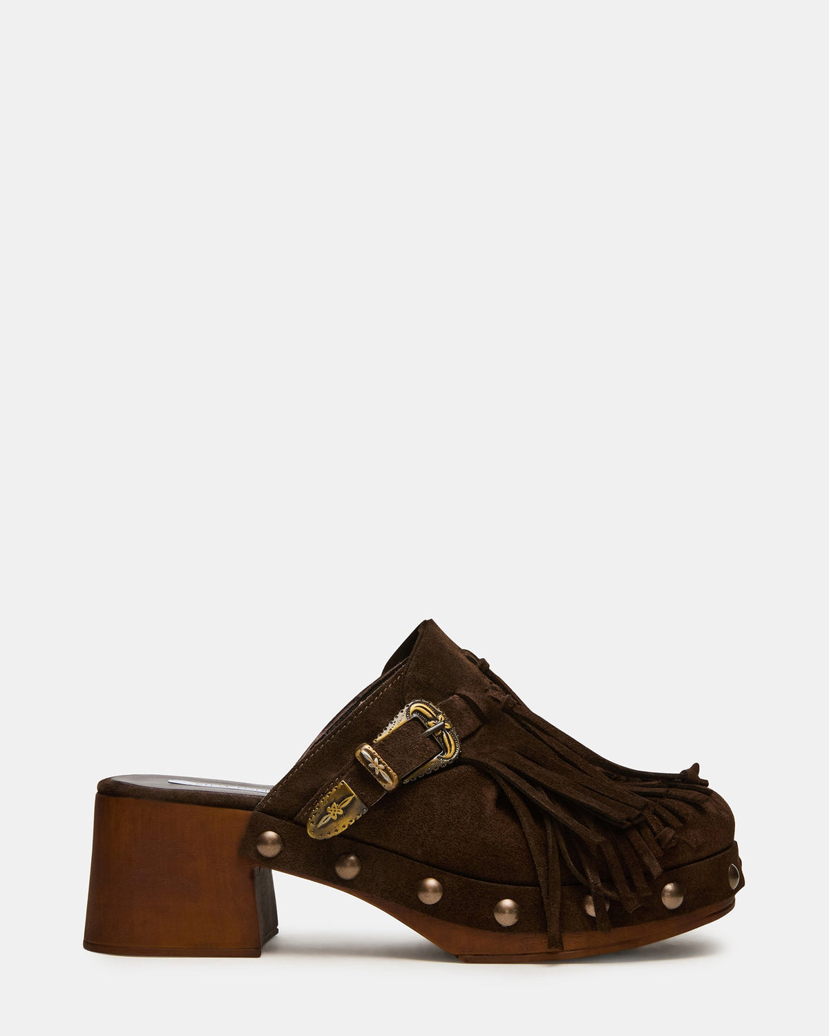 OMEN Brown Suede Fringe Studs Western Mule Women's Heel | Steve Madden