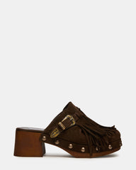 OMEN Brown Suede Fringe Studs Western Mule Women's Heel | Steve Madden