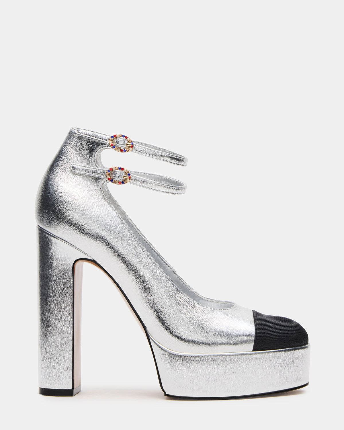 PEYTON Silver Leather Block Heel Platform Women's Heel | Steve Madden